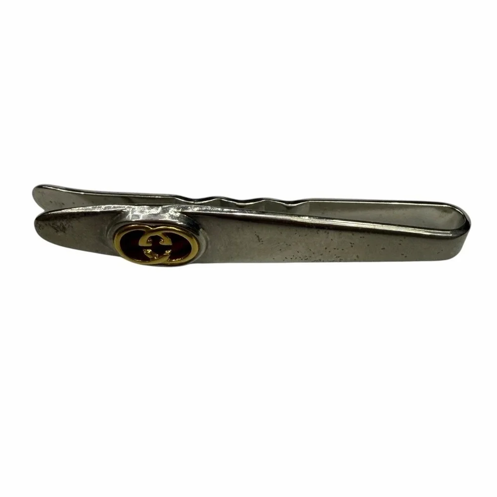 Gucci Men's Authentic Tie Clip Bar Silver/Gold Plated GG Monogram Logo Italy euc